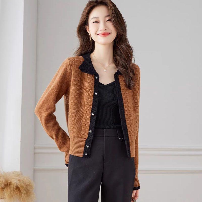 Women's Spring & Autumn Color-Block Collared Knit Cardigan High-End Outer Wear Stylish Top Sweater Short Jacket
