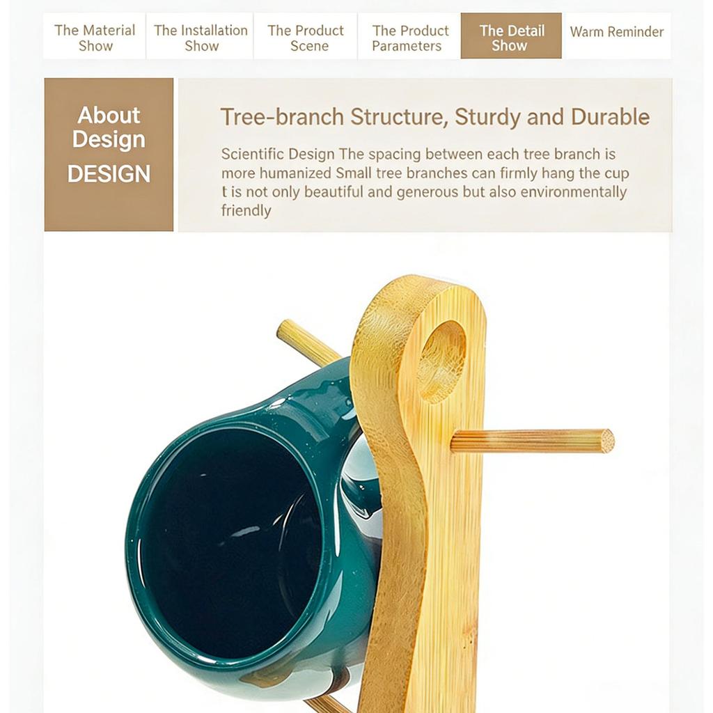 Nordic Style Ceramic Coffee Mug Set with Natural Bamboo Tree Cup Holder and Non-slip Coasters Stylish Kitchen Organizer for Tea and Coffee Home Decor