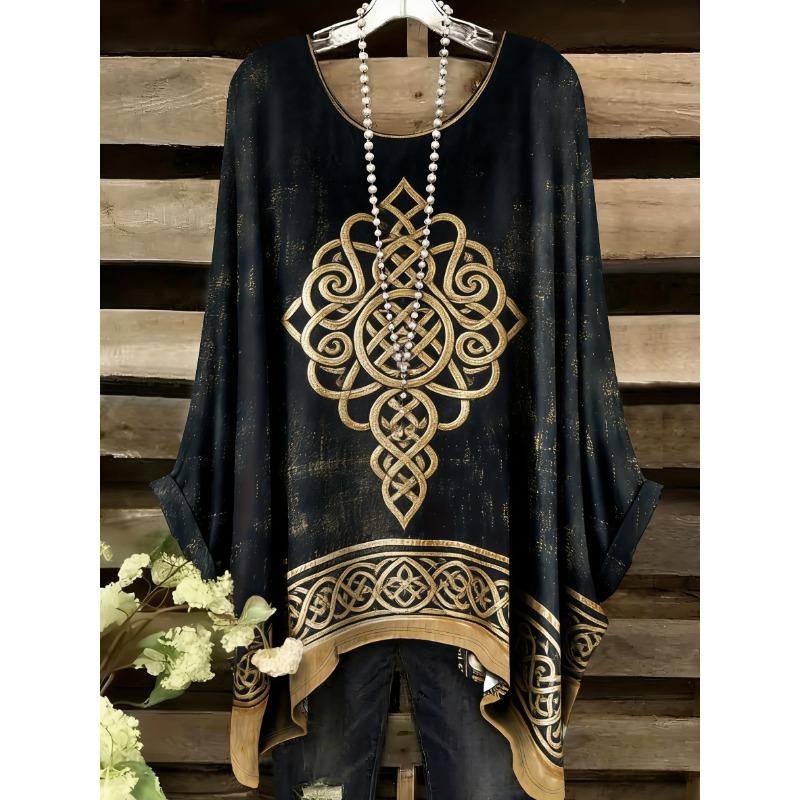 Fashion New Arrival Plus Size Bastet Egyptian Cat Goddess Print Women's Top Elegant Casual Style Round Neck Long Sleeve T-Shirt