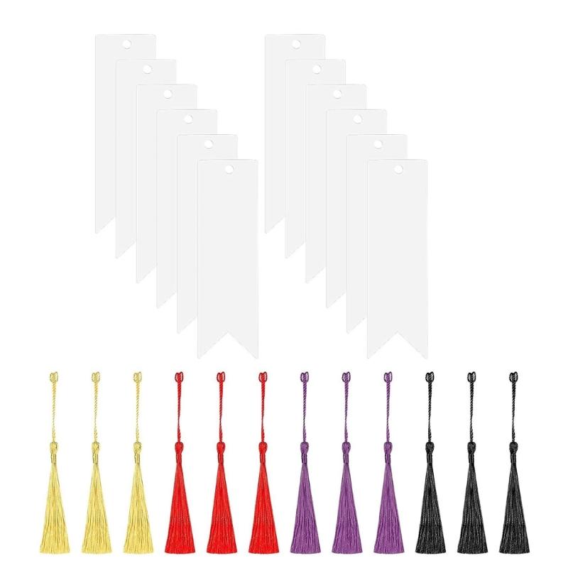 

12 Pcs Blank Bookmarks Set Rectangular Acrylic Bookmarks with Colourful Tassels Clear Bookmarks for Handmde Projects чистий