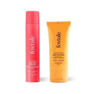 Duo Foxtale Golden Glow | Cremă de protecție solară SPF 50 cu strălucire și Cremă hidratantă Super Glow | Vitamina C | Hidratează, Previne Bronzul | Toate tipurile de piele | Esențiale pentru vară