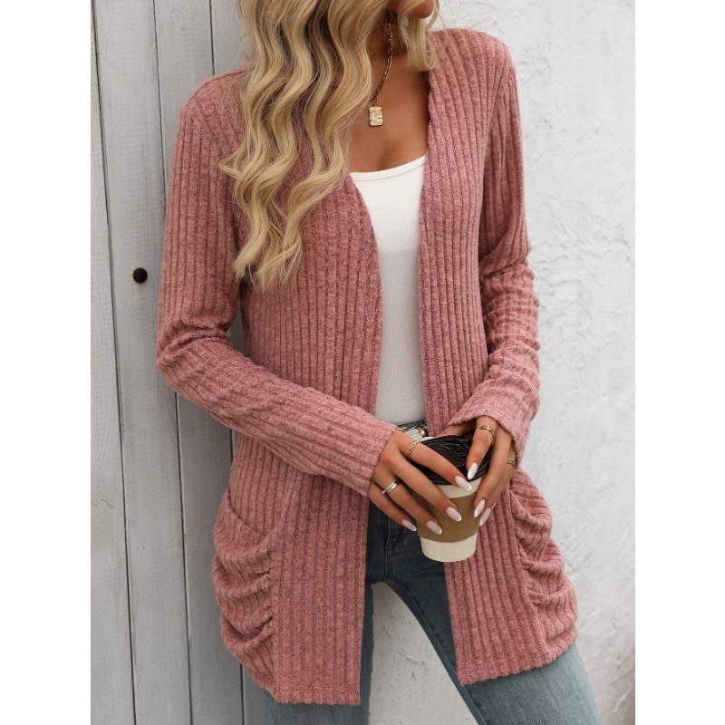Outono e inverno feminino malhas cor sólida pit listra escovado bolso cardigan manga longa jaqueta