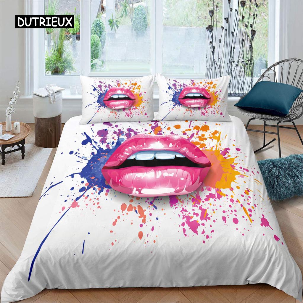 Lip Duvet Cover Pink and Gray Lips Kissing Pattern Comforter Cover Sexy Theme King Size Twin Bedding Set for Women Girls Lovers