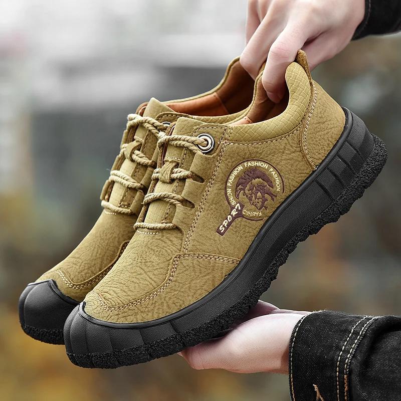 2024 New Men Leather Casual Hiking Shoes Outdoor Antiskid Genuine Leather Walking Shoes Soft Homme Classic Ankle Flats Moccasin
