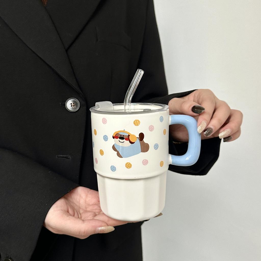 Søt Prikkete Dukke Valp Sugerørskopp Keramisk Krus med Lokk Par Drikkekopp Praktisk Bursdagsgave til Jenter