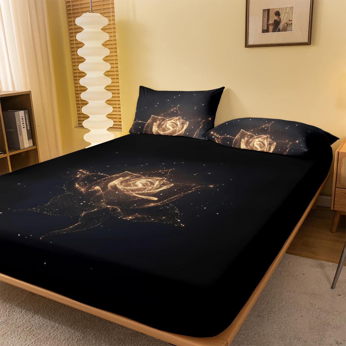 

1 Simple modern Plant Flower Golden Rose digital printed frosted Fitted Sheetbedroom printed bed coverbedding(No pillowcase) 90x200x25cm