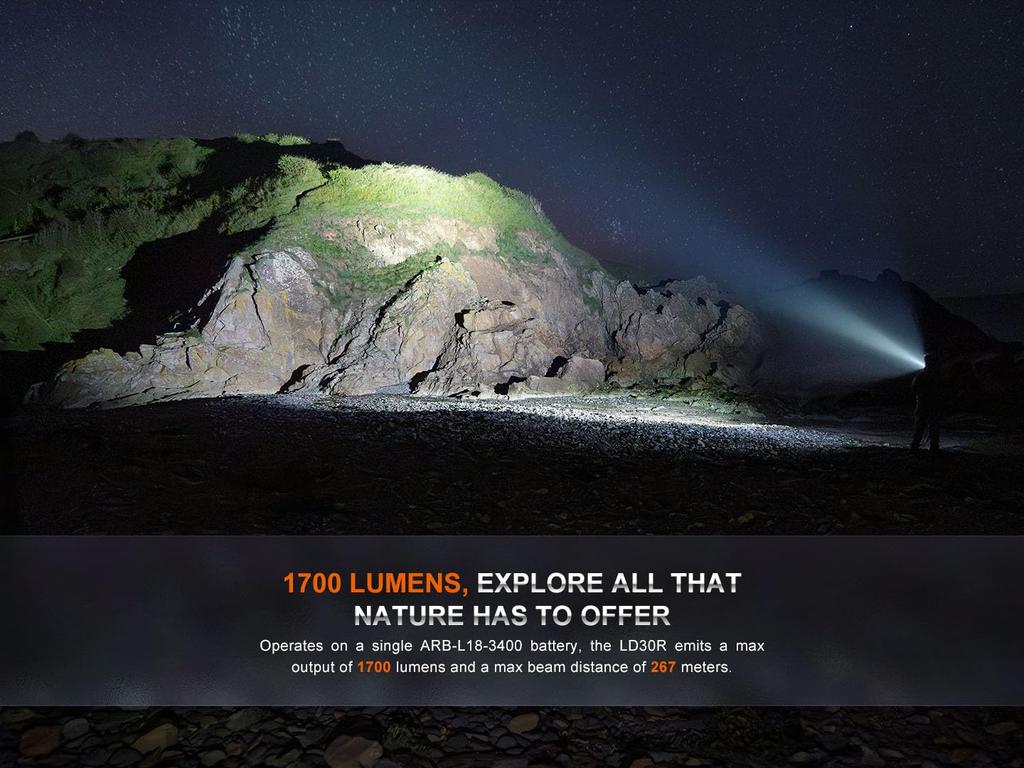 fenix LD30R Rechargeable Compact LED Torch 1700 Lumens 267m Up to 750 Hours Charging Port 18650 1 Lumen Moonlight Mode IP68 Black Ultra-Bright
