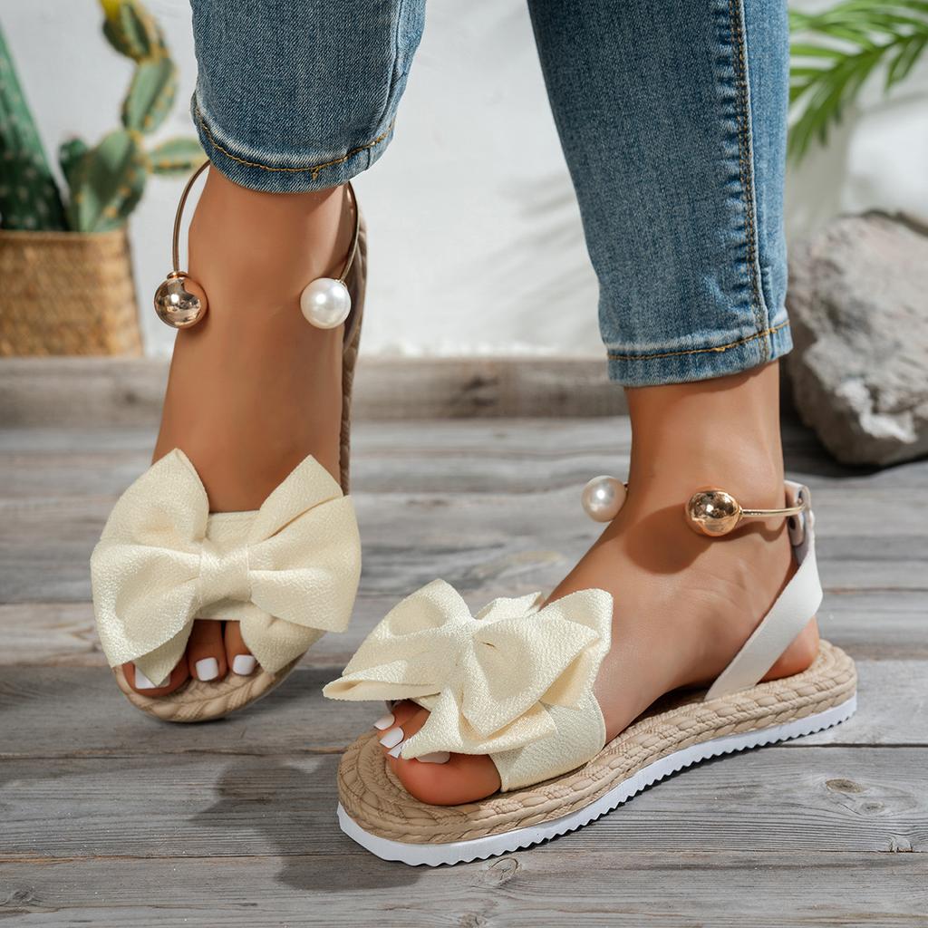 Flache Perlensandalen für Damen, Sommer 2026 Neue Große Größen Modische Blumensandalen