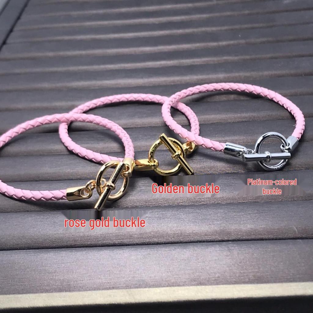 European & American Fashion H-Shaped Leather Cord Bracelet In Enamel V with 18K Rose Gold Plating - Pig Nose Design, Influencer Couple Style