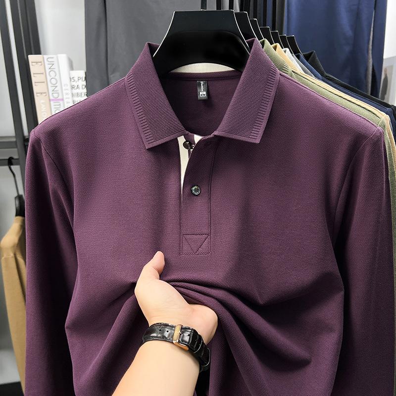 Cotton Long Sleeve Polo Shirt Men'S T-Shirt Loose Thin Breathable Versatile Fashion Premium Lapel Solid Color Men'S T-Shirt