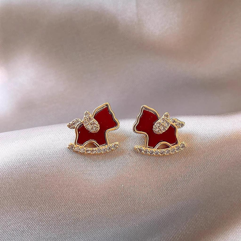 Red Zirconia Little Horse Stud Earrings - Elegant High-End Fashion for Women
