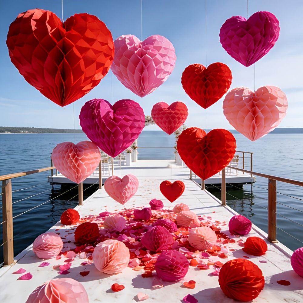 5 Pcs Set Red Pink Colors Honeycomb Party Decorations Hanging Paper Pom-Poms Birthday Party Decor