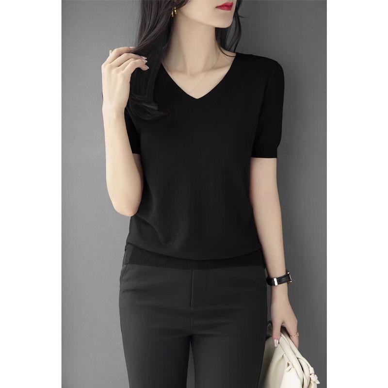 

Shoulder Classy Summer Loose Short Sleeves Thin Basic Shirt Black [short sleeve V Neck]] L