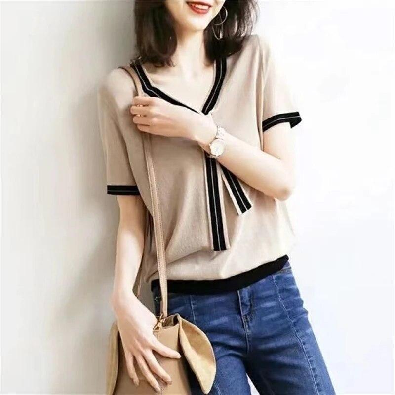 

Женская одежда, корейская мода, галстук-бабочка, шикарные элегантные вязаные футболки, новинка 2023 года, летние пуловеры с v-образным вырезом и короткими рукавами в стиле пэчворк, топы XXL хаки