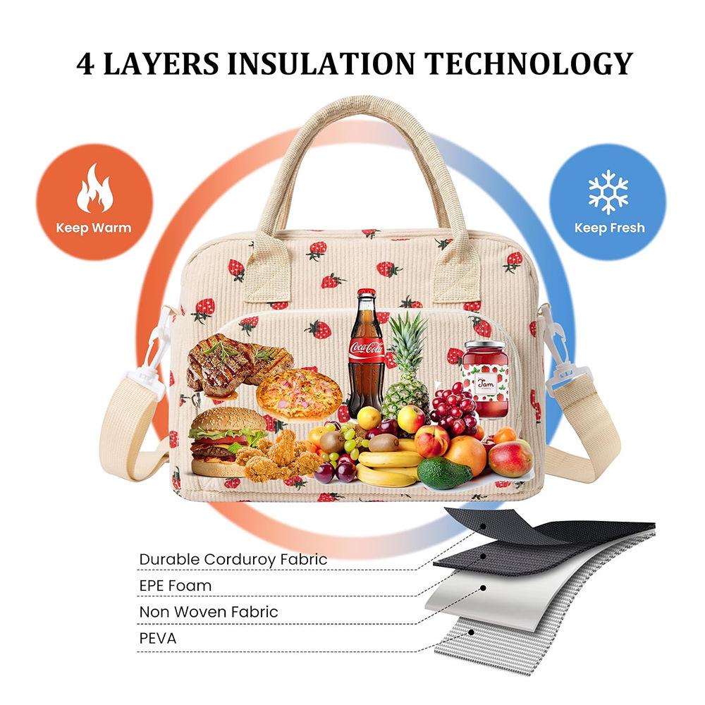 Strawberry Corduroy Insulated Waterproof Lunch Bag - Large Capacity Picnic Handbag