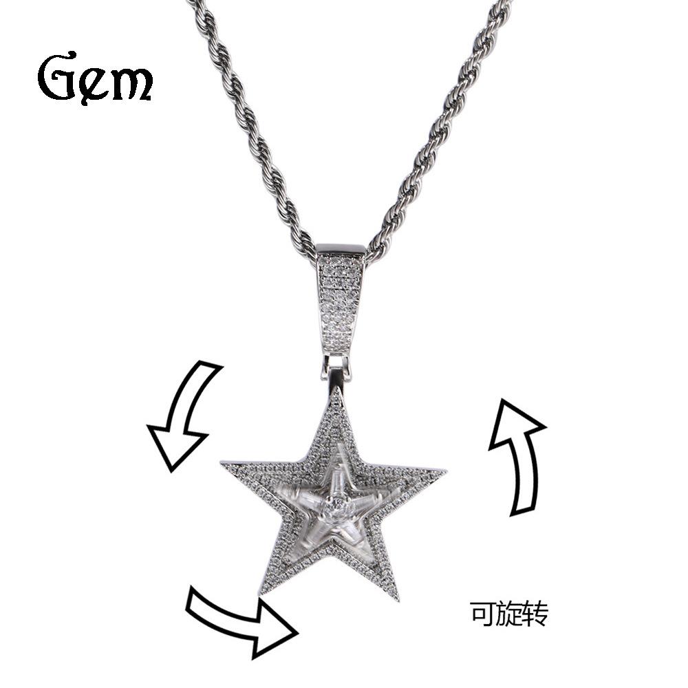 Wind hip-hop diamond-encrusted rotating pentagram pendant necklace explosive trend street