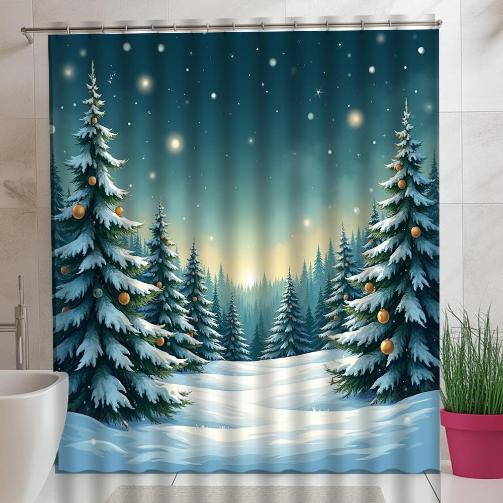 

Snowy Winter Forest Merry Christmas Shower Curtain - Pine Trees, Starry Night & Frosty Landscape, Calm Bathroom Decor W60H190(CM)-1 Pcs