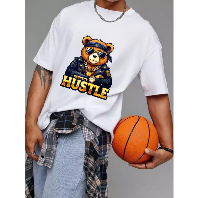 Tričko s kulatým výstřihem Bílý medvěd se slunečními brýlemi a koženou bundou Respektuj Hustle Potisk Ležérní Streetwear pro muže