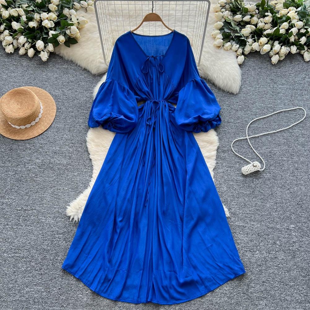 Retro V-Neck S páskem v pase Lucernový rukáv Délka ke kolenům A-Line Midi šaty Korejský Sle Letní Dlouhé šaty pro ženy