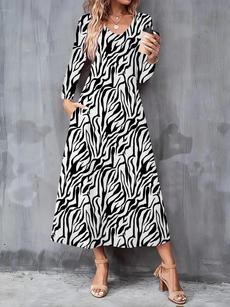 2025 Herbst und Winter Neues Damen Casual Modekleid 3D Retro Musterdruck Langarm V-Ausschnitt A-Linien-Kleider