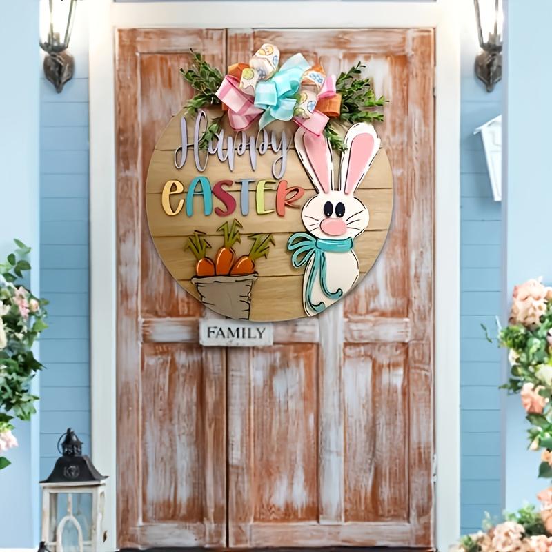Wooden Easter Bunny Door Decoration with 3D Rabbit & Floral Wreath-Happy Easter Lettering,Spring Welcome Door Hanger,Party Decor