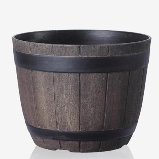 Flowerpot with Built-In Drainage System Rustic Barrel Style Decorative Garden Planter