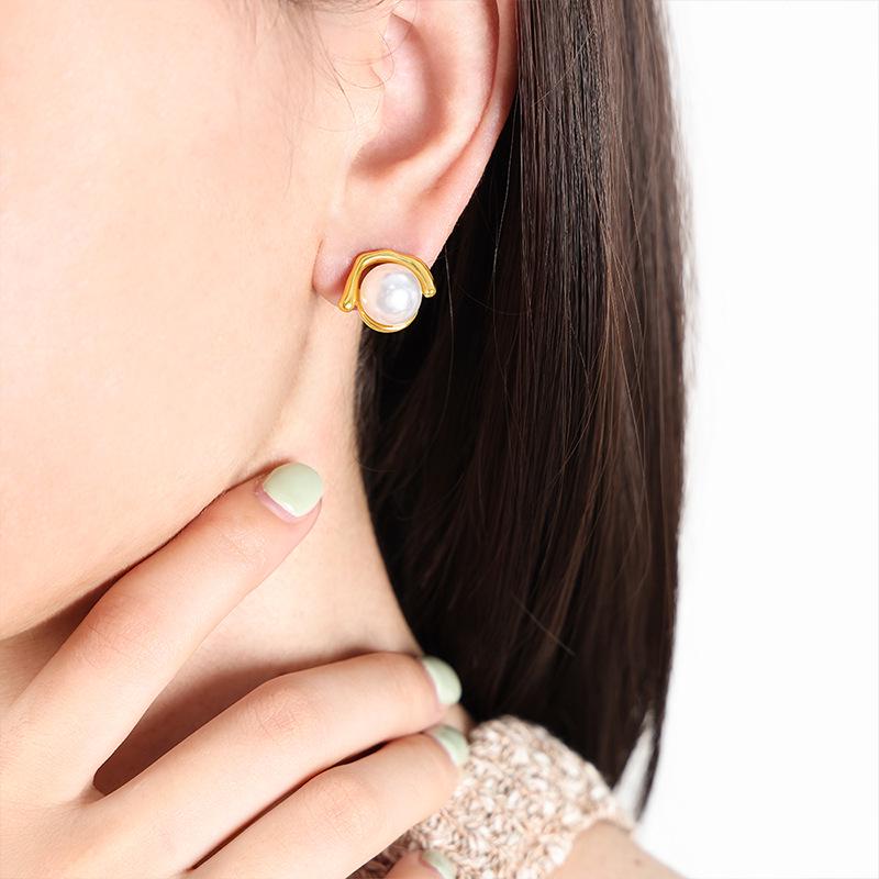 18K Gold Plated Imitation Pearl & Titanium Steel Earrings for Women