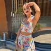 Women Sexy Printed Halter Skirt Suits Summer Sleeveless Backless Crop Top Single Breasted Split Skirts Two Piece Sets