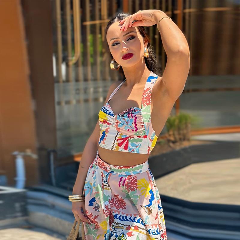 Women Sexy Printed Halter Skirt Suits Summer Sleeveless Backless Crop Top Single Breasted Split Skirts Two Piece Sets