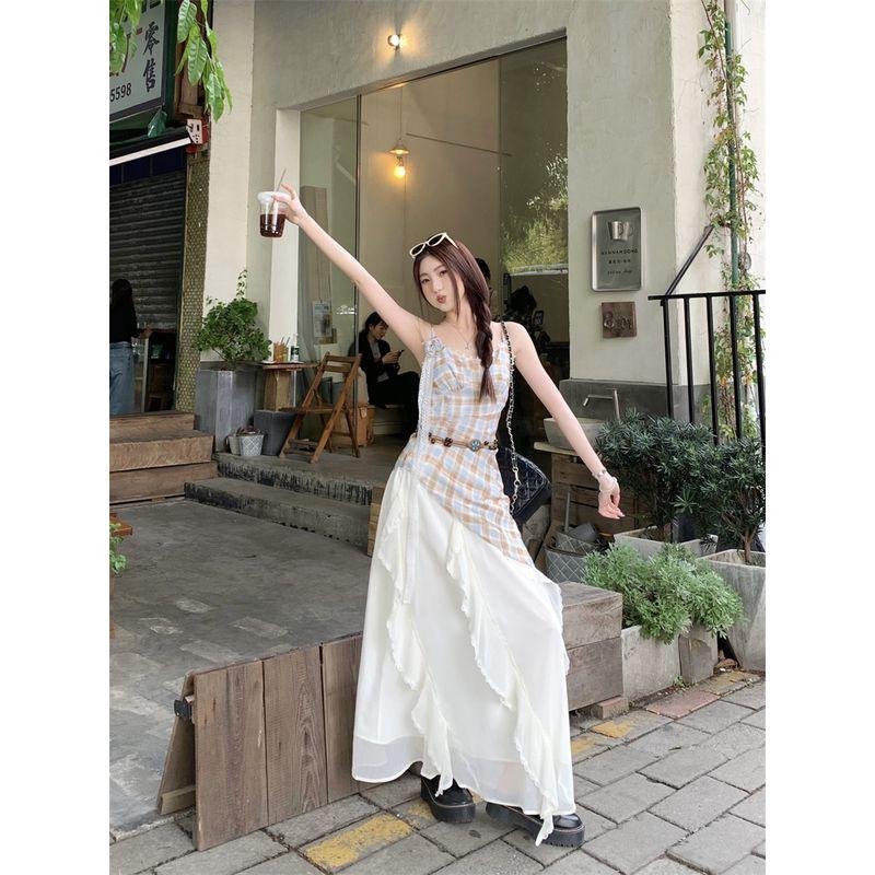 Kumikumi Retro Lazy Suit Plaid Irregular Spaghetti-Strap Vest Women's Autumn High Waist Skirt Two-piece Set