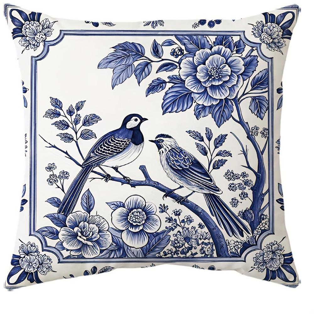

1/4pcs Blue and White Bird and Flower Patterned Pillowcases Sofa cushion cover home bedroom room decoration 45x45cm-1pcs