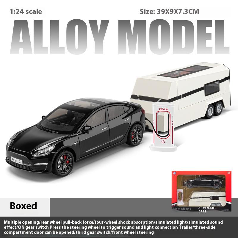 

Модель Tesla Model3 в масштабе 1/24, сплав, буксировка дома на колесах, открывающиеся двери, украшения для детских звуковых и световых игрушек, для подарков мальчикам чёрный