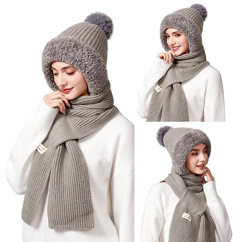 Winter Hat Long Scarf Integrated Wool Hat Women's Outdoor Ear and Neck Protection Double-Layer Velvet Warm Knitted Hat
