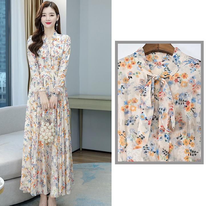 Floral Chiffon Dress Spring and Autumn Temperament Waist Slim Slimming Bow V-neck Jacquard Elegant Long Skirt