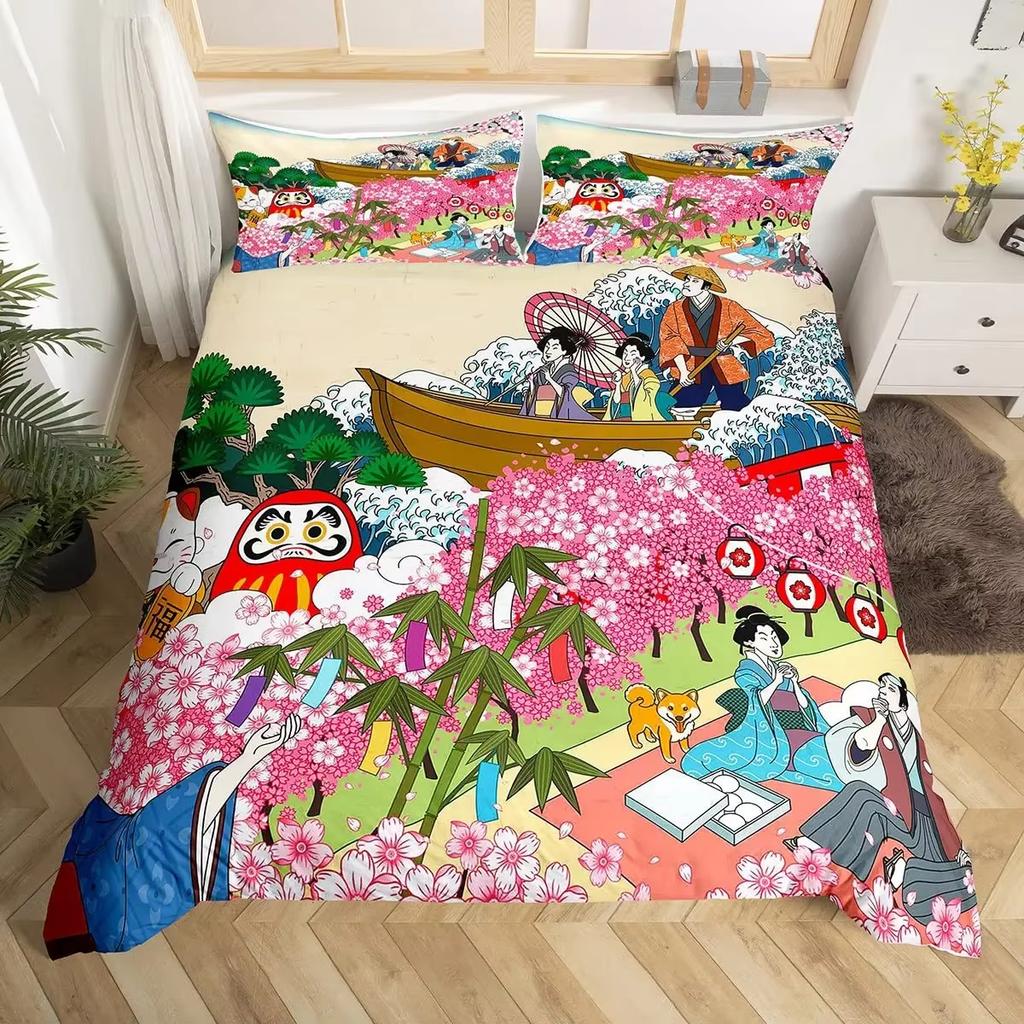Lucky Cat Duvet Cover Set Japanese Style Wave Pattern Bedding Sets Adult Kid Bedroom Exotic Decor King Comforter Cover 3Pcs Set