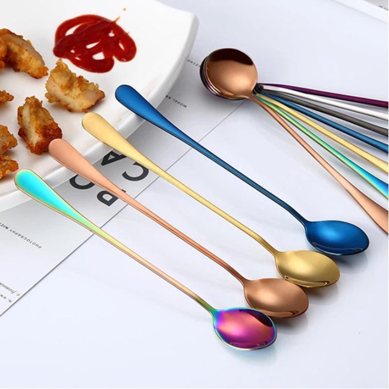 Kitchen Solid Color Stainless Steel Coffee Spoon With Long Handle Scoops Dessert Tea Spoon Accessories Tableware Supplies Tools