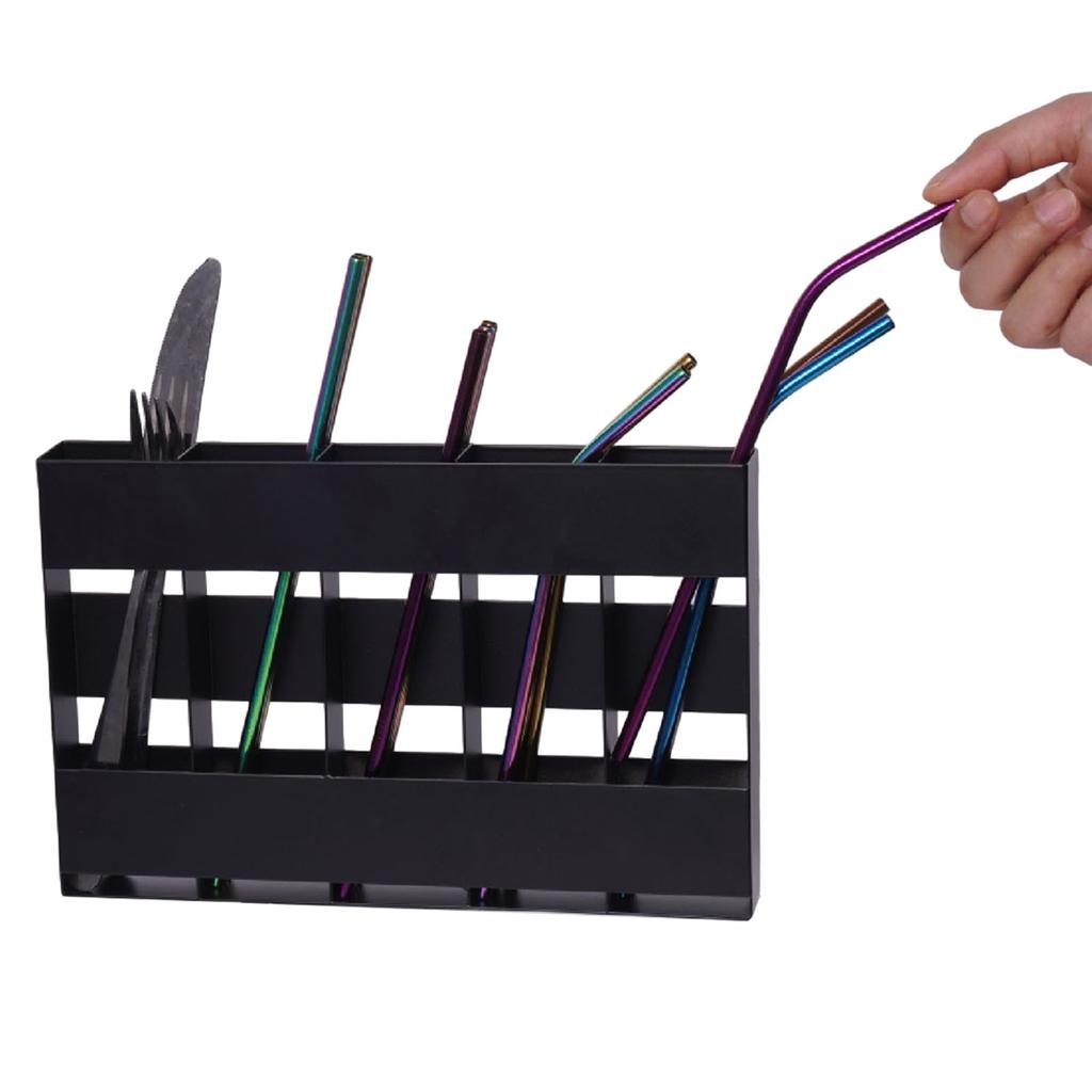 Straw Organizer Black 5 Compartment Space Saving Metal Straw Storage Holder with Double Side Adhesive Tape for Kitchen Cabinet