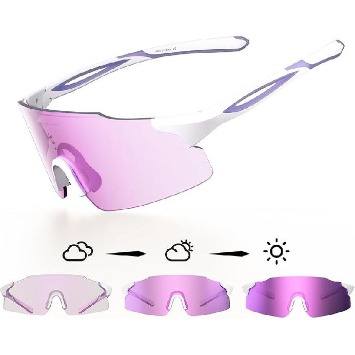 Photochromic Cycling Sunglasses - UV400 Protection for Men & Women, Ideal Glasses for Running & Outdoor Sports White Purple Frame-purple