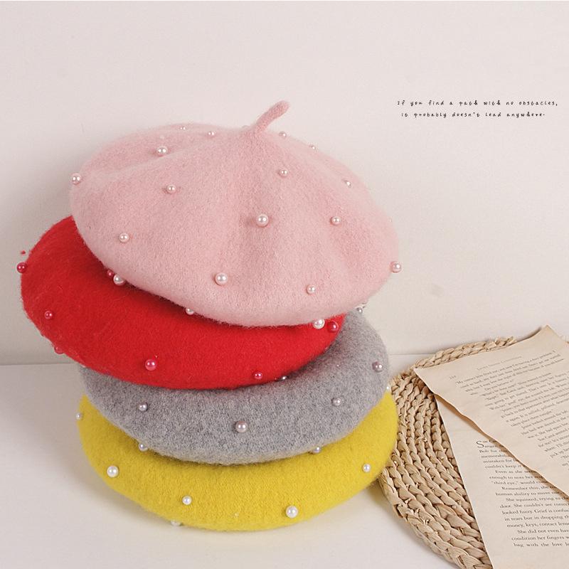 Kids Winter Hat For Girls Retro Baby Beret Hats With Pearls Autumn Winter Kids Cap For Children Accessories