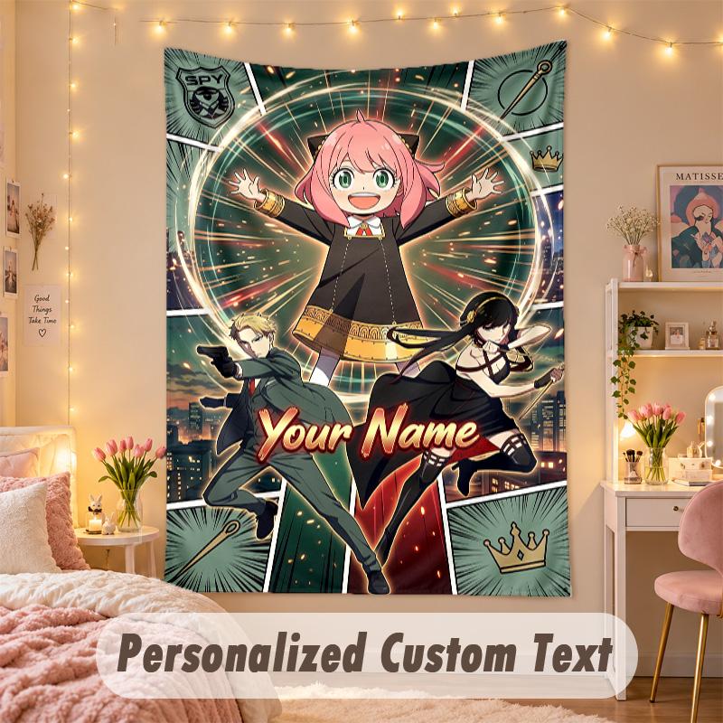 Custom Personalized Tapestry,Spy × Family Print Custom Name Text Wall Art Hanging for Bedroom