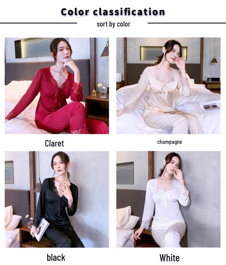 Women's Plus Size Ice Silk Long Sleeve Pajamas with Chest Pads - High-End Feel for Spring, Summer, Fall