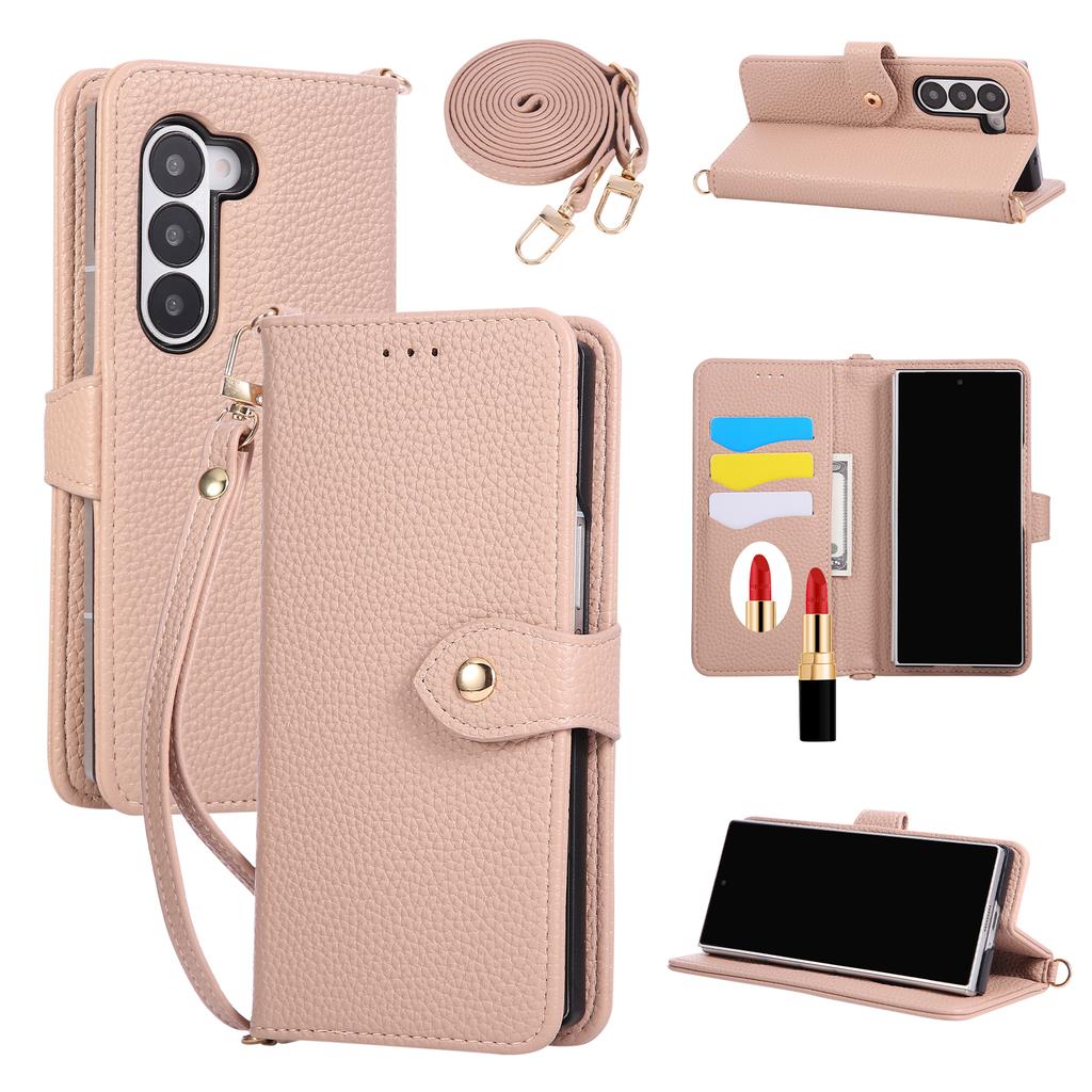 Crossbody Flip Leather Wallet Case with Mirror Card Holder Lanyard Strap Cover for Samsung Galaxy Z Fold 7 6 5 Fold7 Fold6 5G