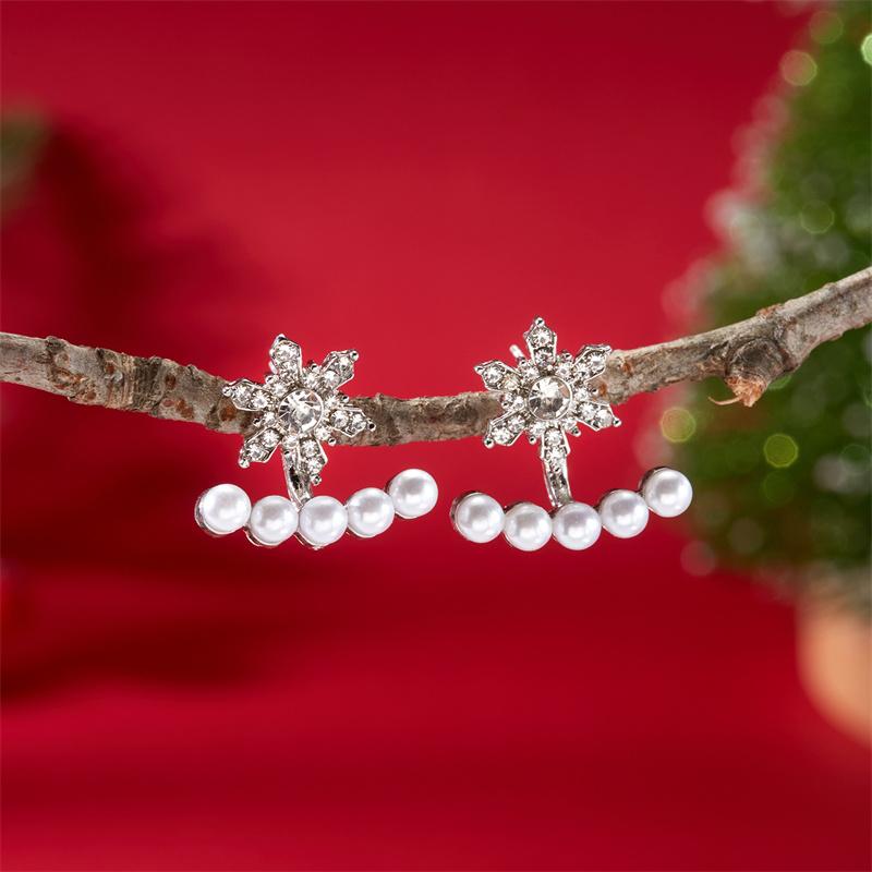 Imitation Pearl Christmas Snowflake Earrings Stud For Women Bridal Sparkling Zirconia Light Luxury Wedding Party Jewelry Gift