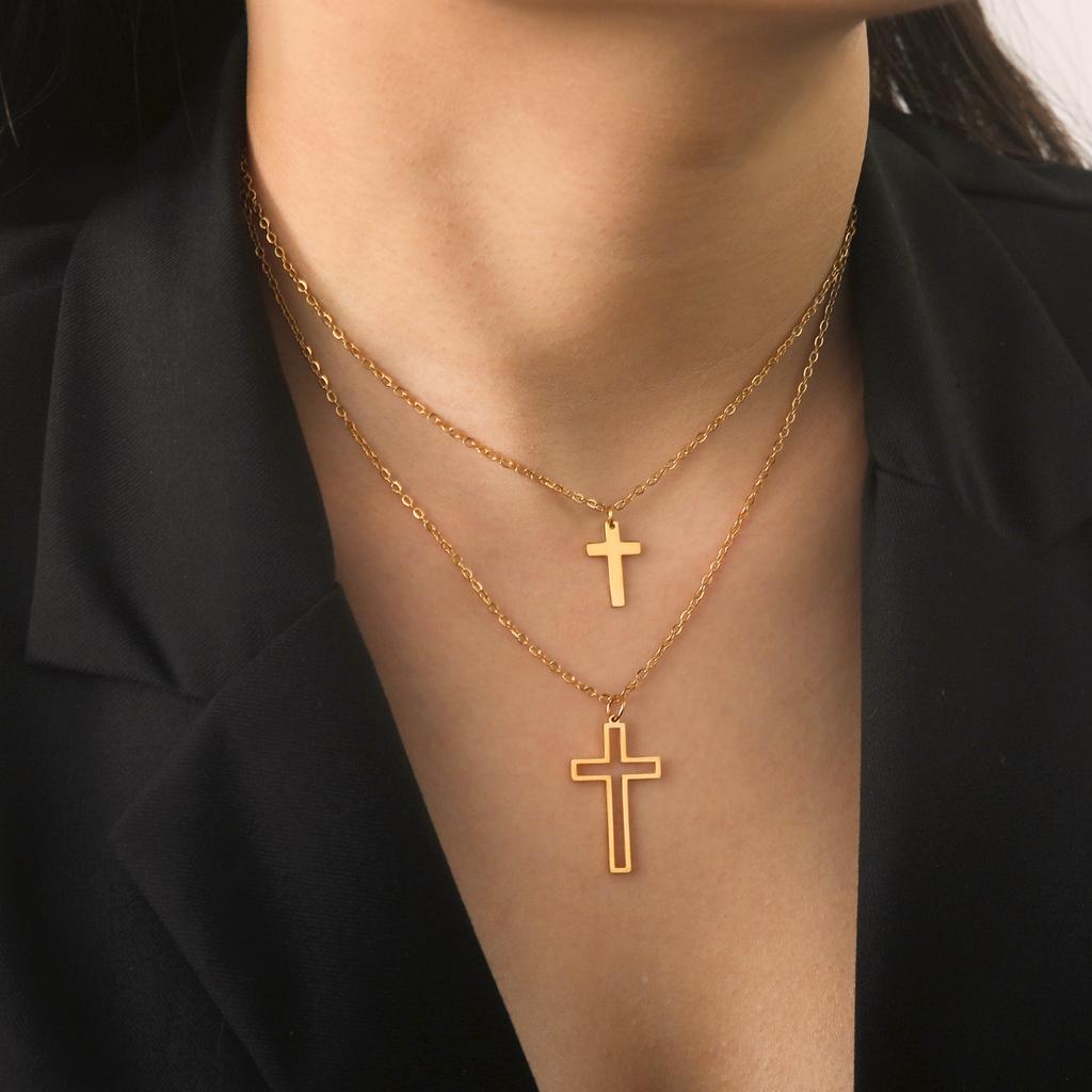 Cazador Jesus Religious Jewelry Double Cross Choker Necklaces Stainless Steel Gold Color Chain Necklaces for Women Girls 2026