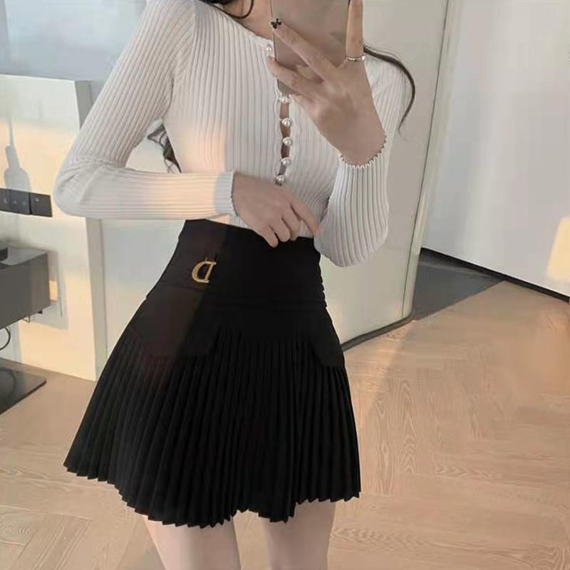 Black White Pleated Skirts Casual Slim College Women Korean Elastic High Waist Mini Metal Letter D A-line Skirts Clubwear