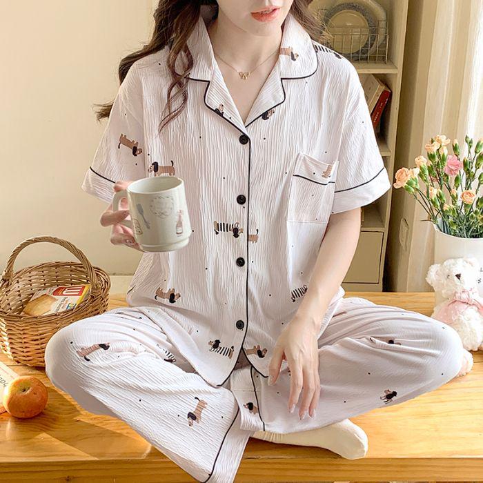 Women's Cute Cartoon Pajama Set - Short Sleeve & Long Pants, Comfortable Summer Home Wear