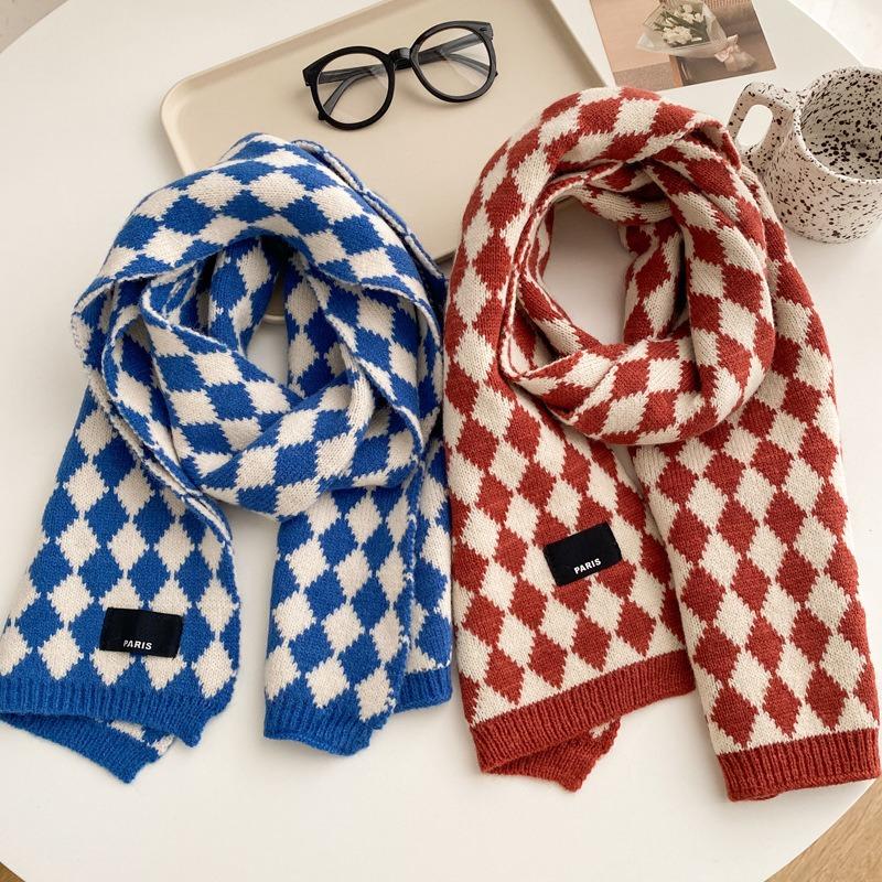 Blue checkerboard wool small scarf female winter warm versatile student couple short scarf