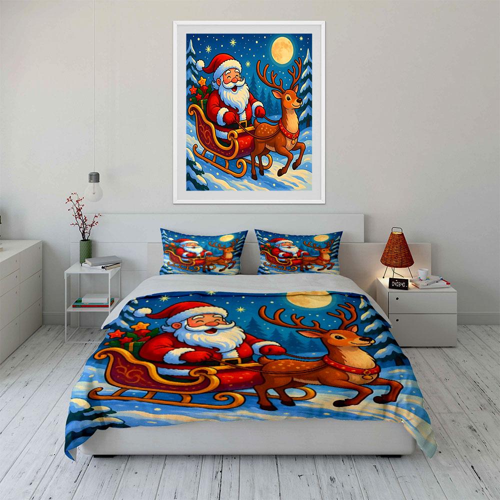 Santa and Reindeer Christmas Scene Bedding Duvet Cover Set Duvet Cover Pillowcases (1*Duvet Cover 2*Pillowcases, Without Duvet Insert)