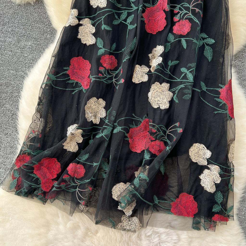 Summer Women Elegant Mesh Embroidery Flower Long Midi Tulle Skirt