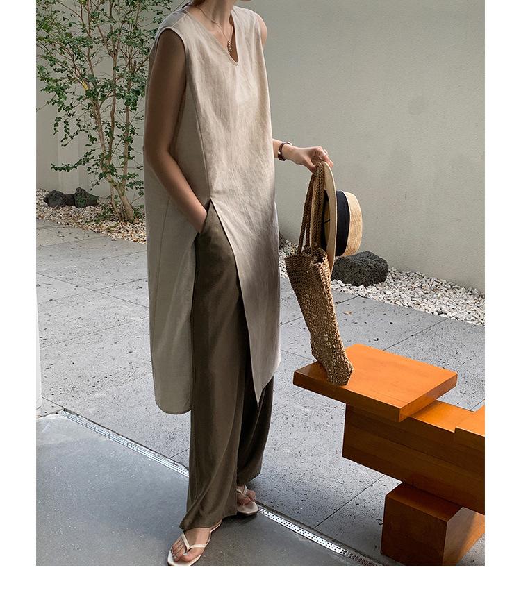 2025 Summer Sleeveless V-neck Linen Cotton Over-the-Knee Dress for Women - Solid Color, Simple Slit Design